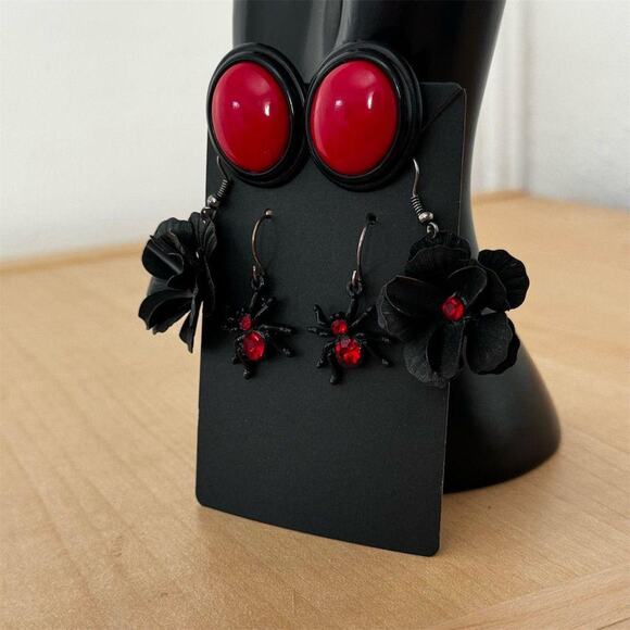 Black Widow Spider Flower Dangle Stud Earrings Set Red Gemstone Halloween Gothic - Picture 5 of 8